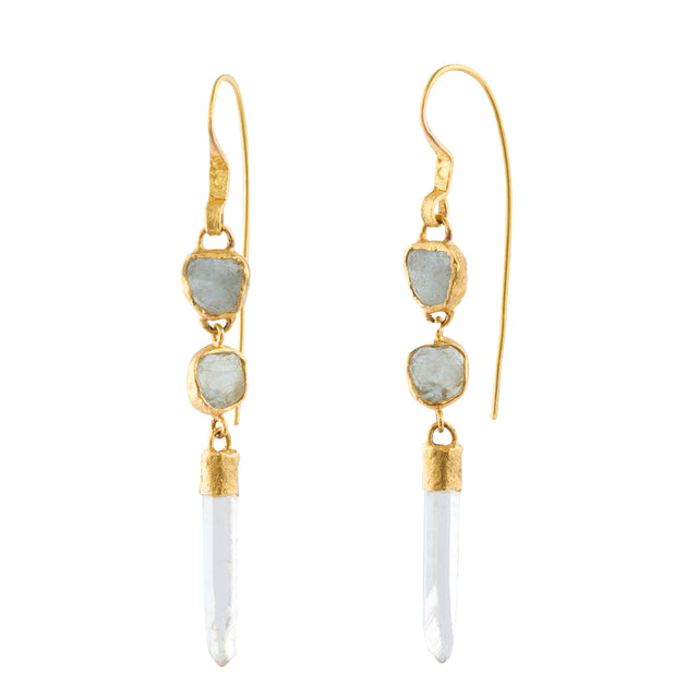 Montana Sapphires and Crystal Quartz Wand Triple Drop Earrings