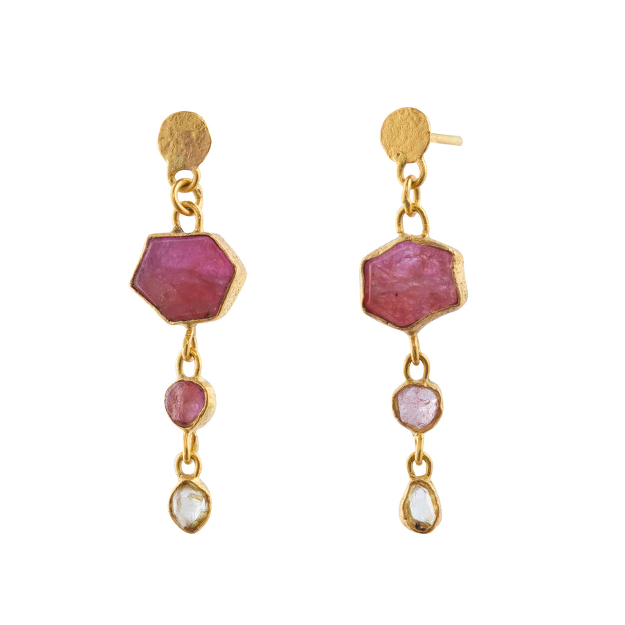 Burmese Ruby, Sapphire & Borneo Diamond Triple Drop Earrings