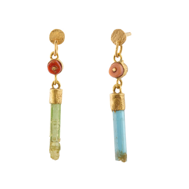 Coral Bead & Tourmaline Wand Double Wand Earrings
