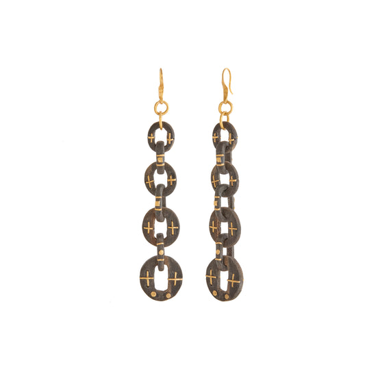 Hand Carved Black Wood Link Earrings - Main Img