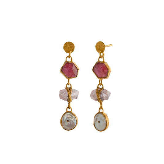Burmese Ruby, Pink Sapphire, and Freshwater Pearl Triple Drop Earrings - Main Img