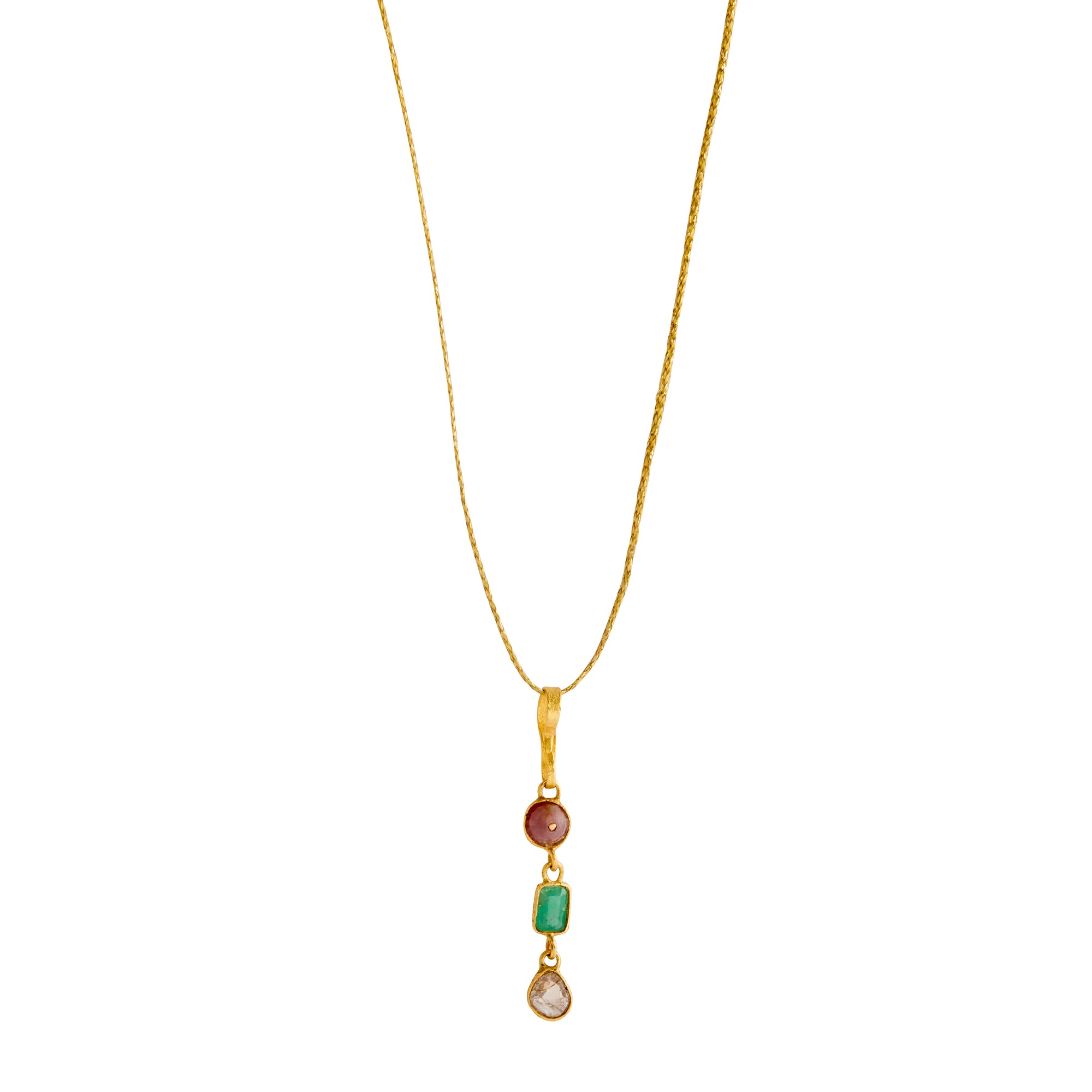 3 Drop Ruby, Emerald, and Borneo Diamond Necklace