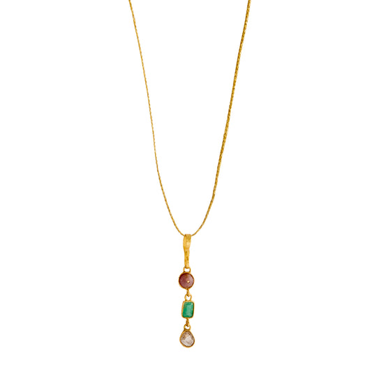 3 Drop Ruby, Emerald, and Borneo Diamond Necklace - Main Img