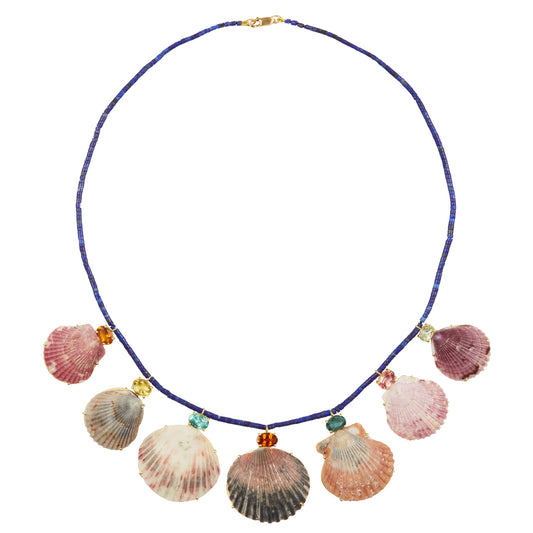 Multi Gem and Lapis Bead Shell Necklace - Main Img