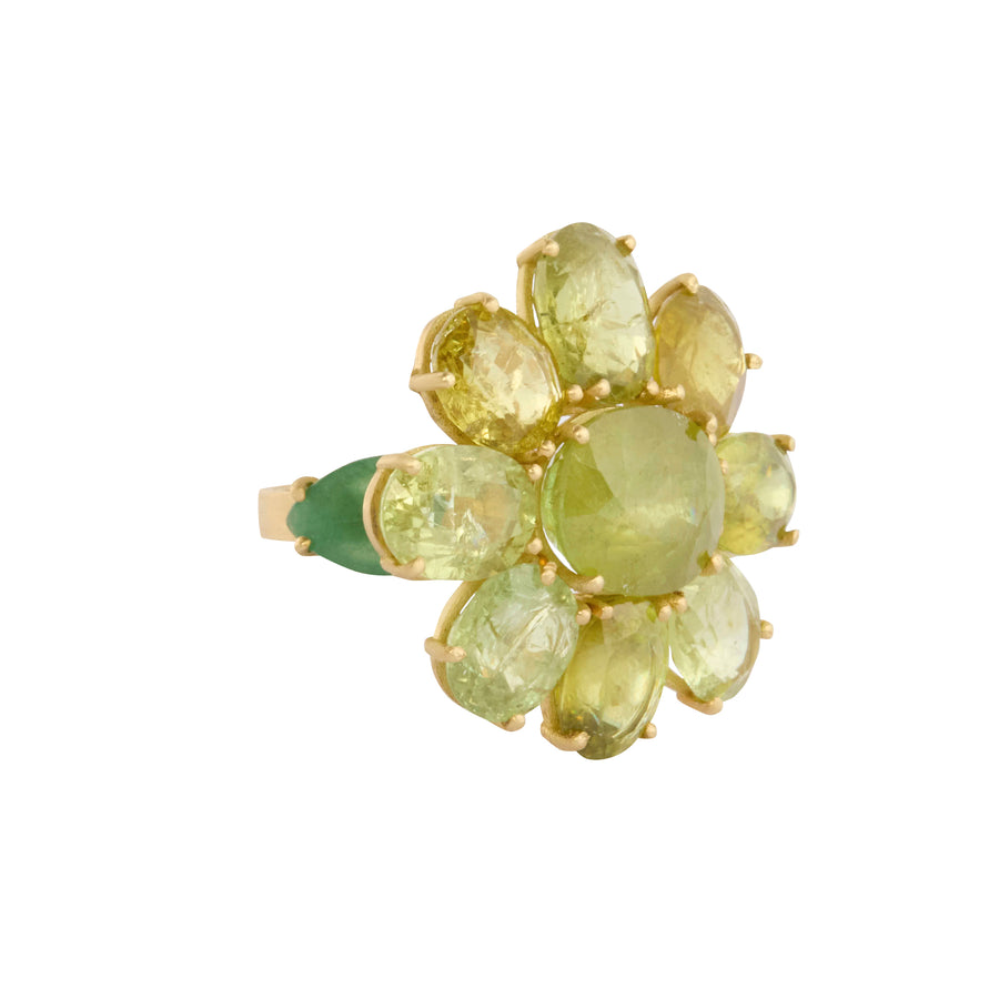 Green Tourmaline & Sphene Leaf Carving Ring