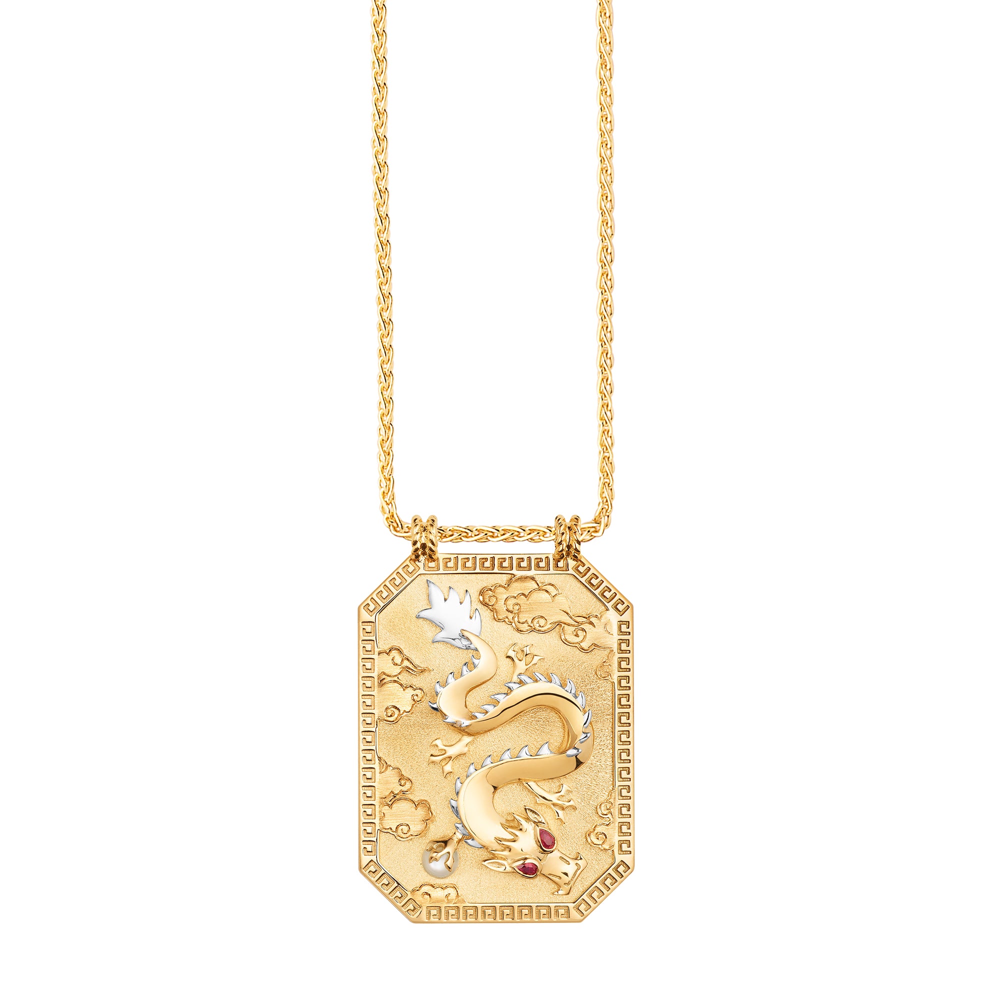 Ruby and Pearl Gold Dragon Scapular on Spiga Chain 18K Yellow Gold