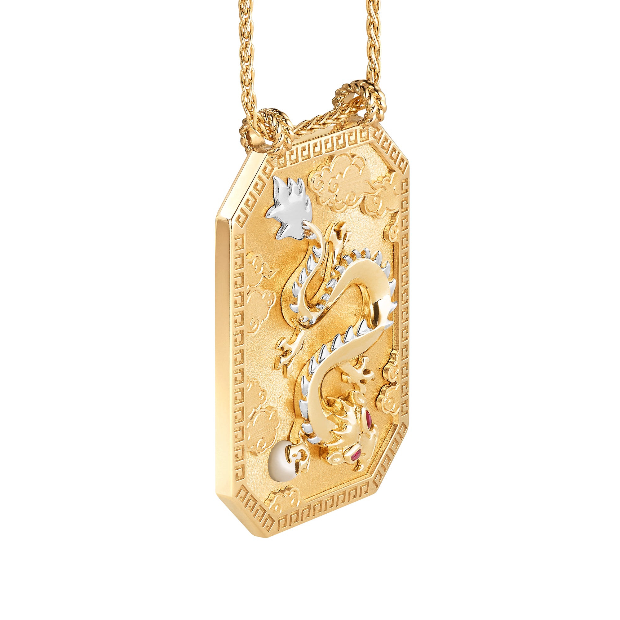 Ruby and Pearl Gold Dragon Scapular on Spiga Chain 18K Yellow Gold