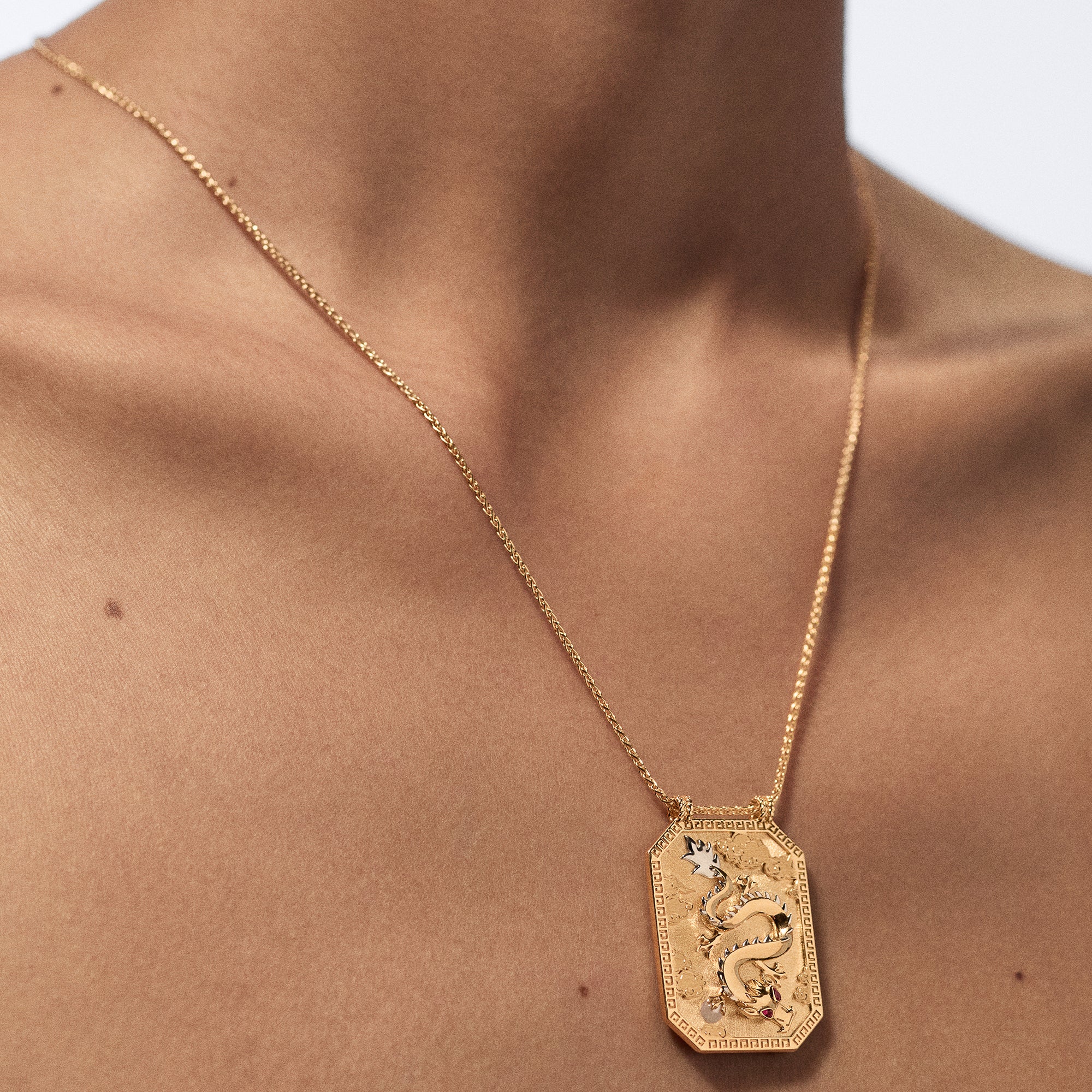 Ruby and Pearl Gold Dragon Scapular on Spiga Chain 18K Yellow Gold