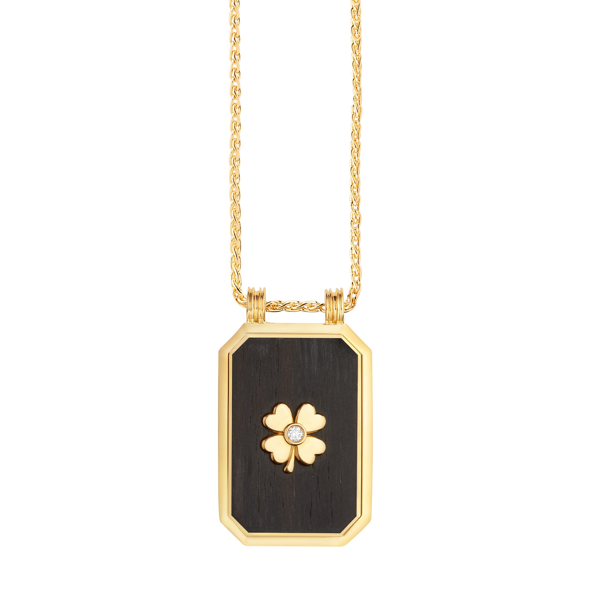 Diamond Clover Ebony Scapular on Spiga Chain with Diamond 18K Yellow Gold