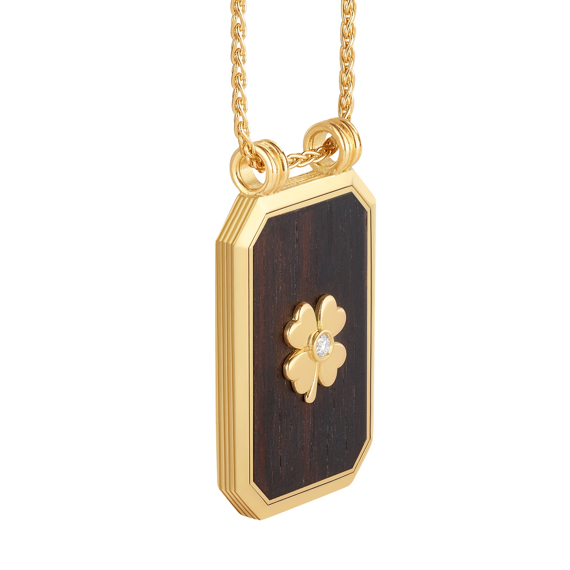 Diamond Clover Ebony Scapular on Spiga Chain with Diamond 18K Yellow Gold