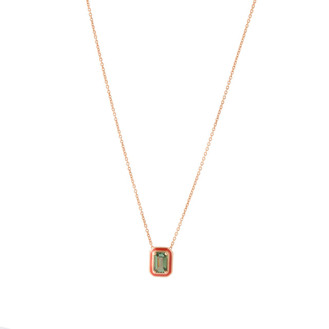 Pendant Necklace - Green Tourmaline and Orange Enamel