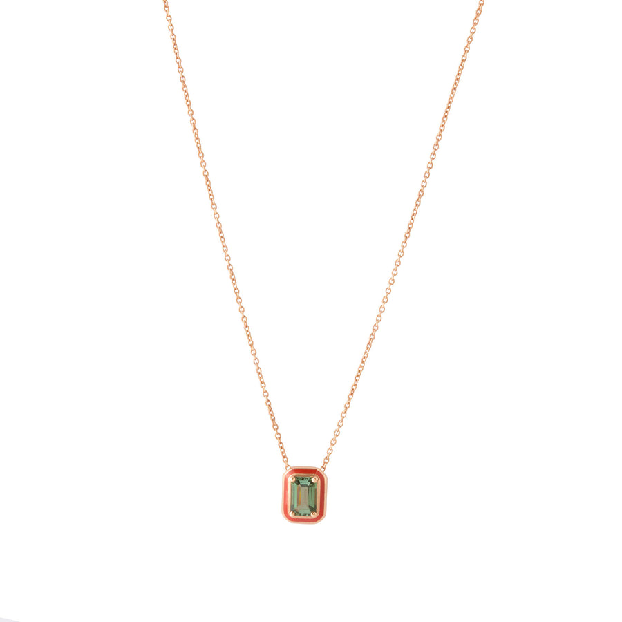 Pendant Necklace - Green Tourmaline and Orange Enamel