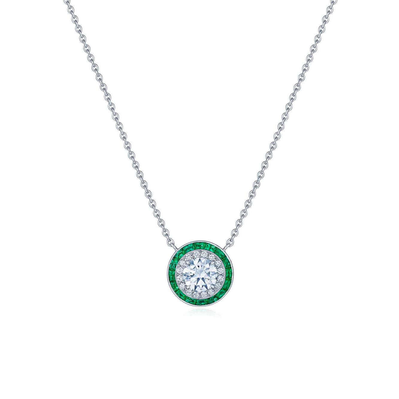 Diamond and Emerald Silhouette Round Halo Pendant