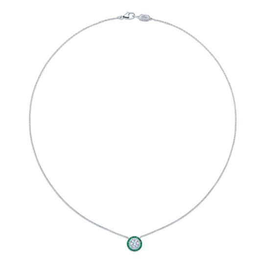 Diamond and Emerald Silhouette Round Halo Pendant