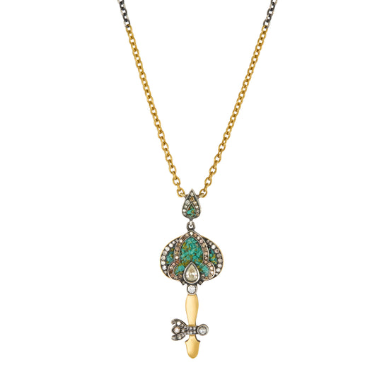 Delicate Green Micro Mosiac Key Pendant Necklace - Main Img