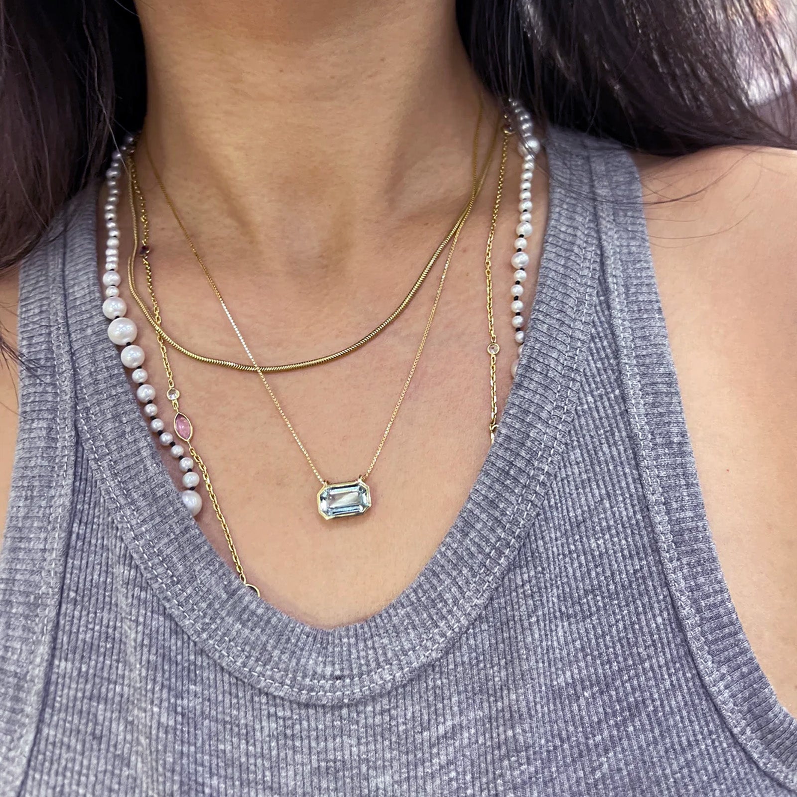 YI Collection Aquamarine Nouveau Necklace - Necklaces - Broken English Jewelry on model