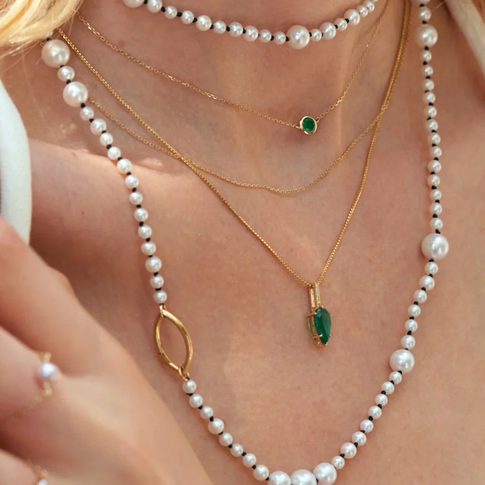 YI Collection Emerald Petite Button Necklace - Necklaces - Broken English Jewelry on model