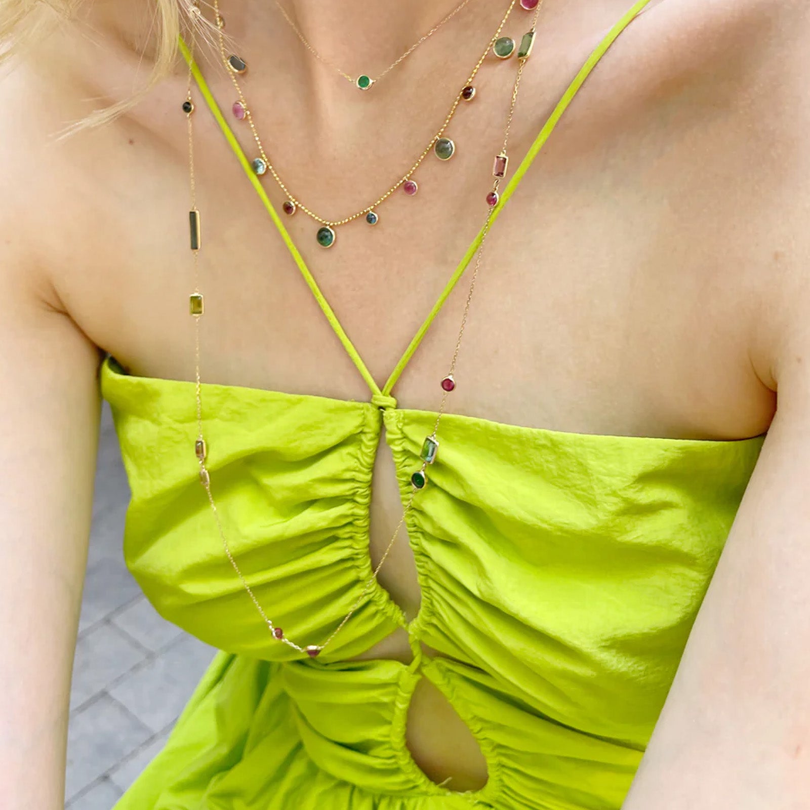 YI Collection Indicolite Tourmaline and Rubellite Eos Necklace - Necklaces - Broken English Jewelry on model