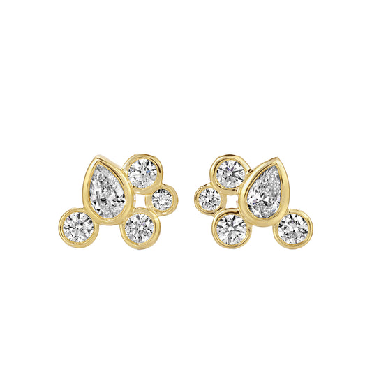 Round & Pear Diamond Cluster Earrings - Main Img