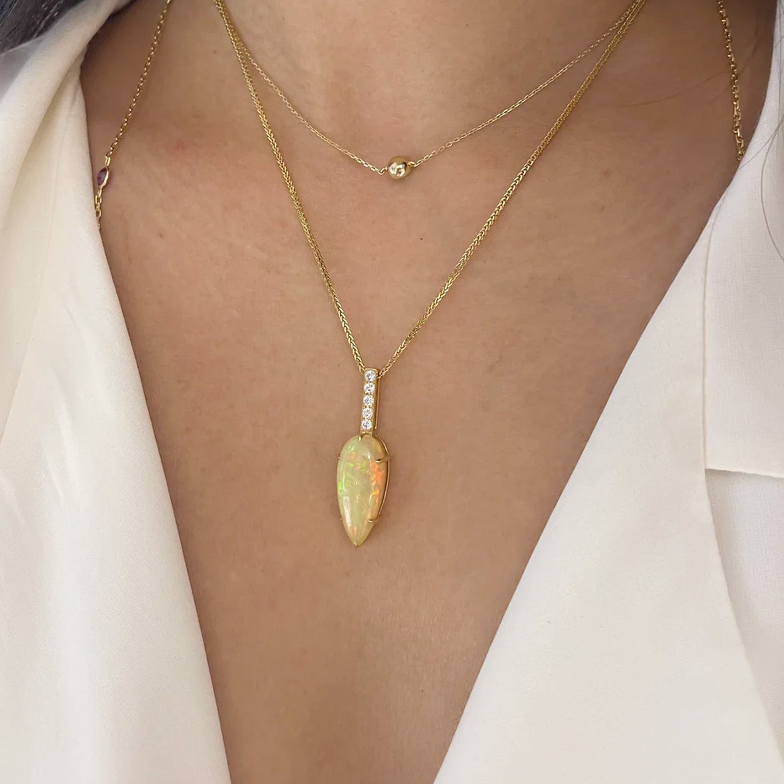 YI Collection Opal and Diamond Arrow Supreme Pendant - Necklaces - Broken English Jewelry on model