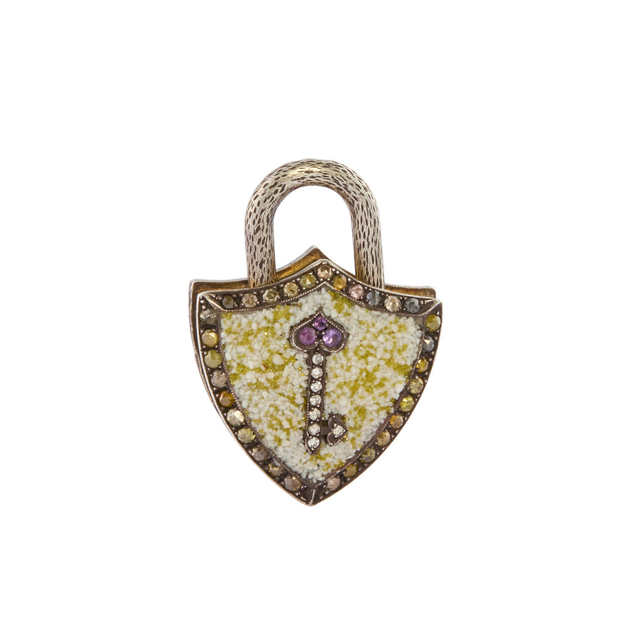 Sevan Bıçakçı Micro Mosaic Shield and Key Padlock - Charms & Pendants - Broken English Jewelry front view