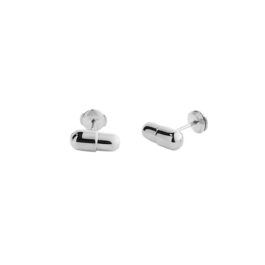 Elior Pill Stud Earrings - White Gold - Earrings - Broken English Jewelry front and angled view