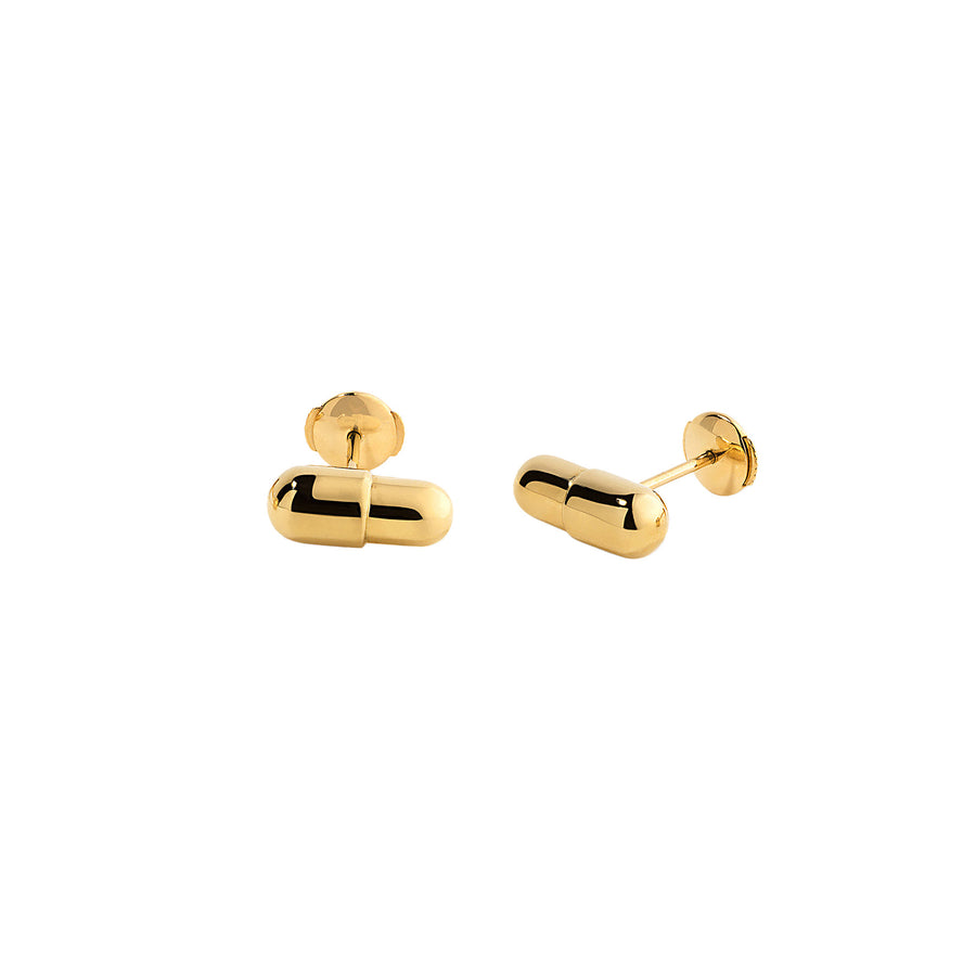 Elior Pill Stud Earrings - Yellow Gold - Earrings - Broken English Jewelry front and angled view