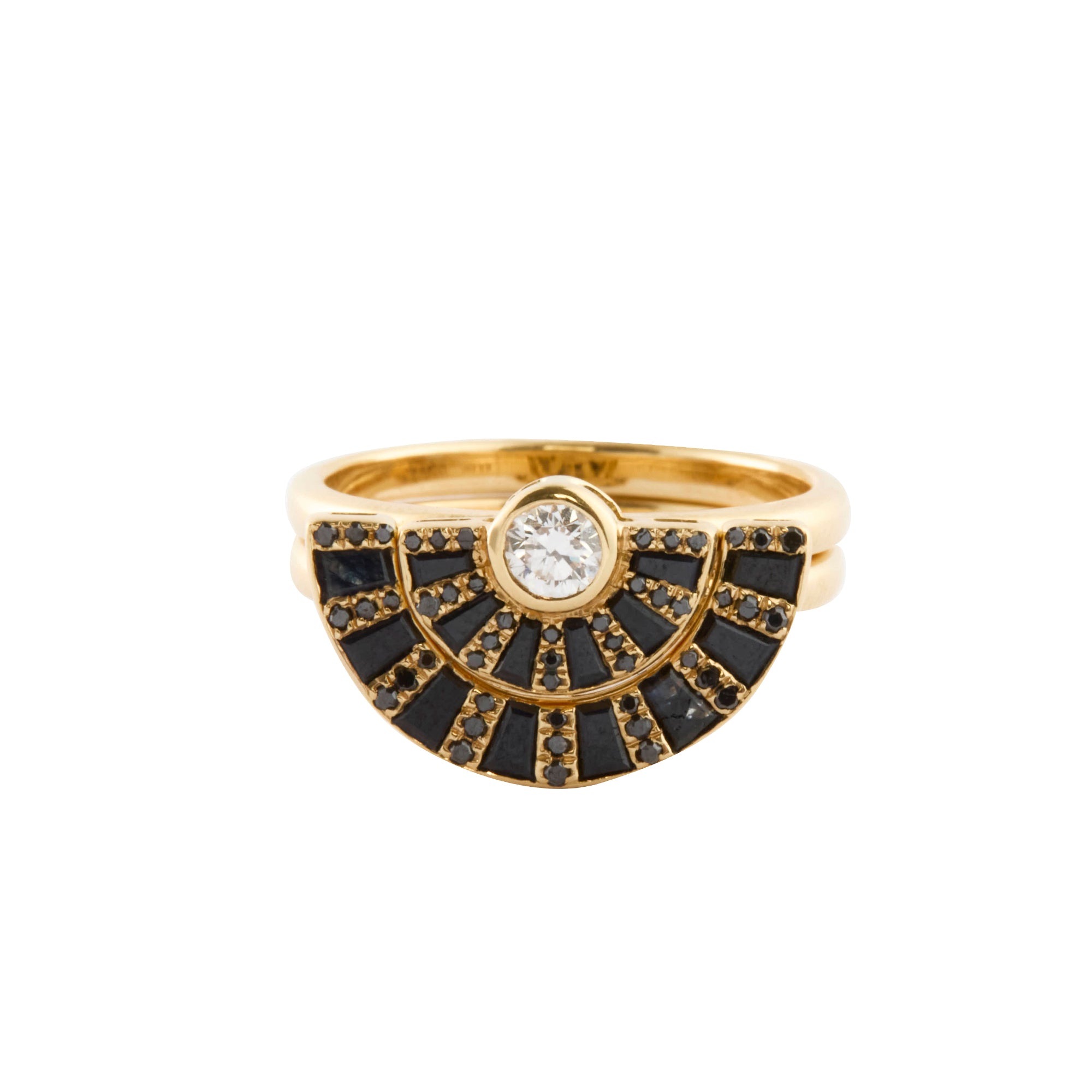 White Diamond and Black Diamond Twist Reflection Ring with Black Sapphire