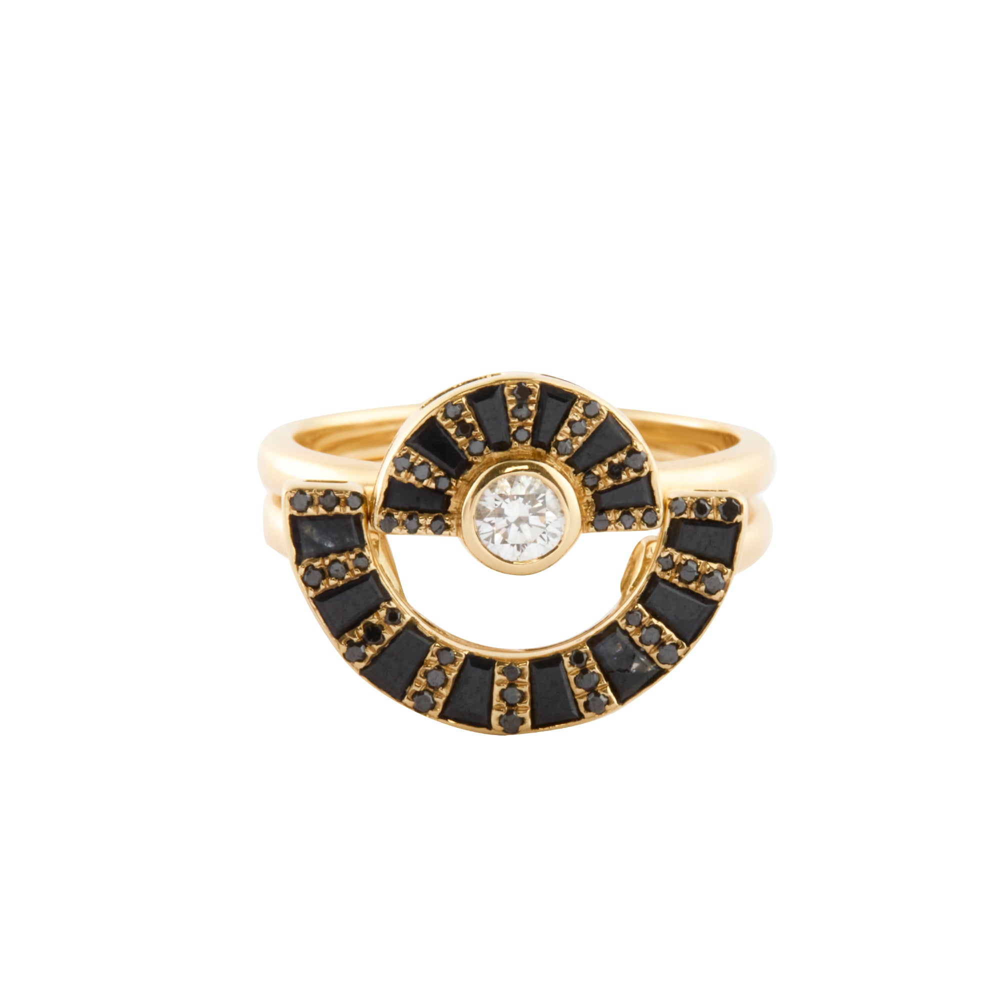 White Diamond and Black Diamond Twist Reflection Ring with Black Sapphire