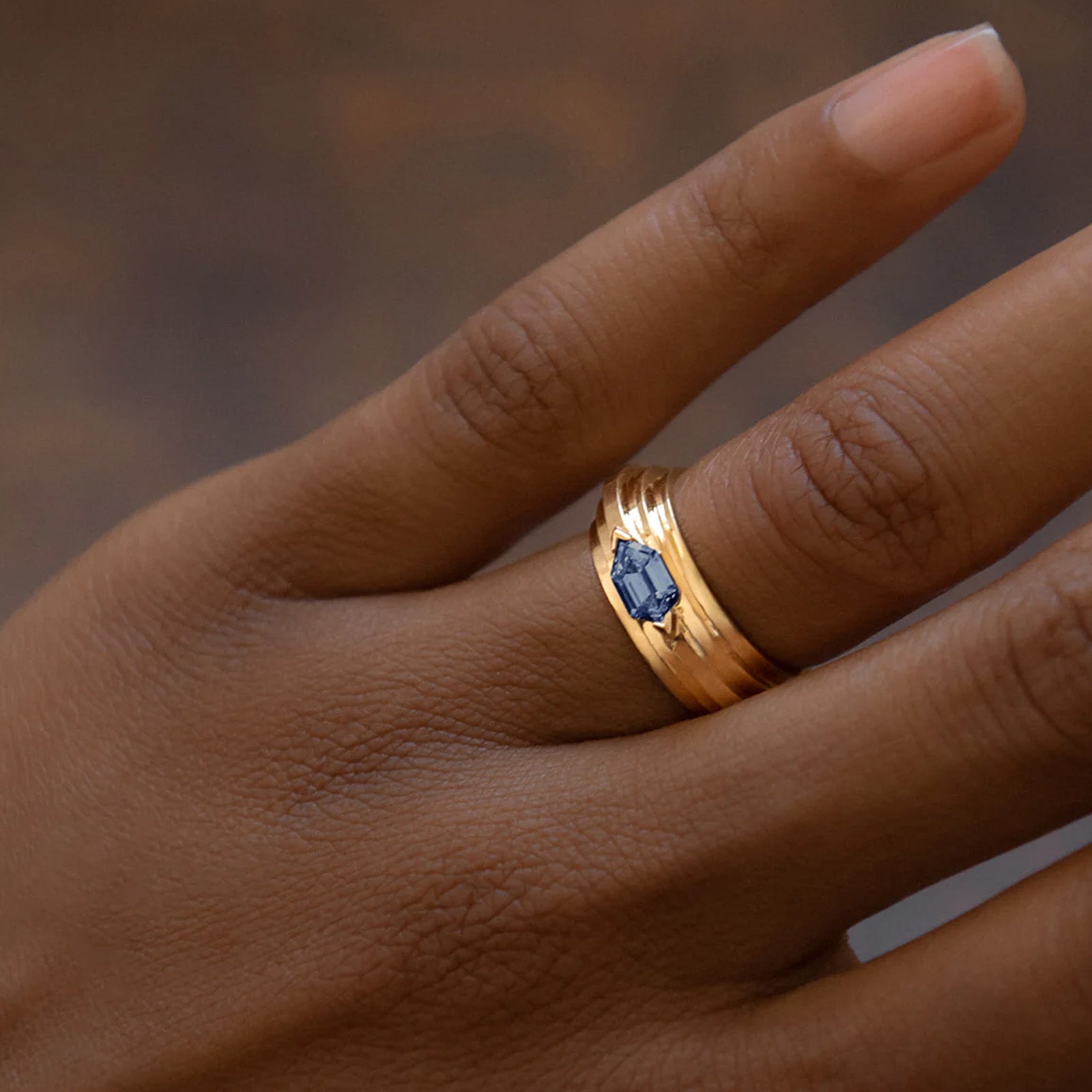 Azlee 5 Tier Hexagon Staircase Ring - Sapphire - Rings - Broken English Jewelry on model