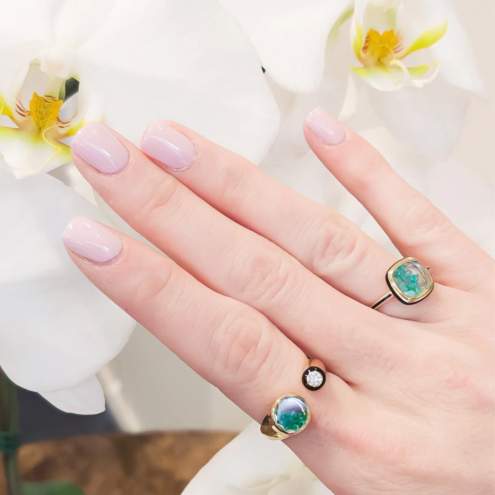 Moritz Glik Emerald and Black Enamel Cushion Ring - Rings - Broken English Jewelry model