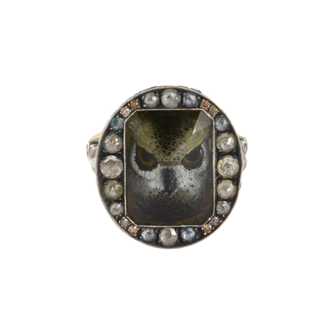 Brown Diamond and Micro Mosaic Reverse Carved Amy Owl Ring