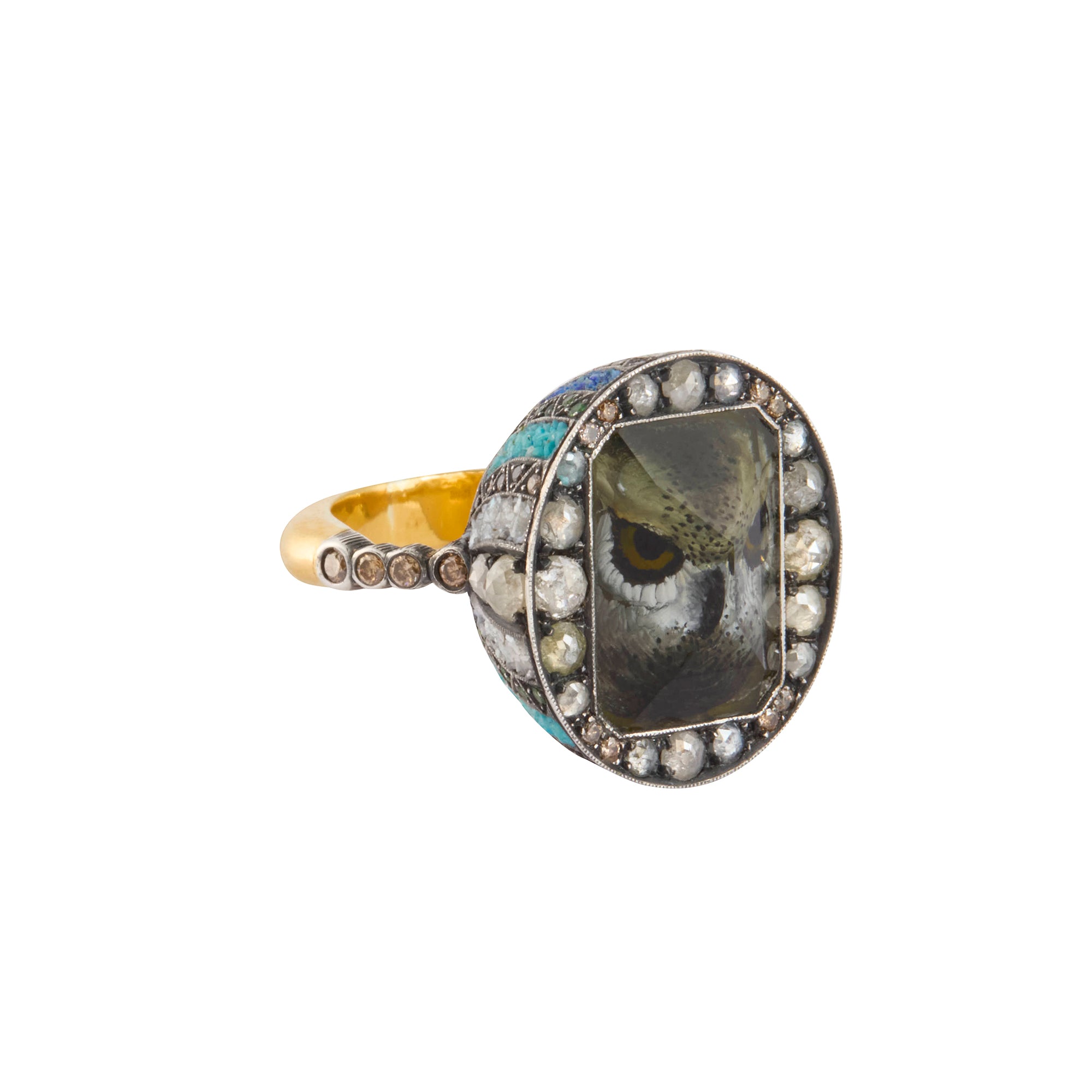Brown Diamond and Micro Mosaic Reverse Carved Amy Owl Ring