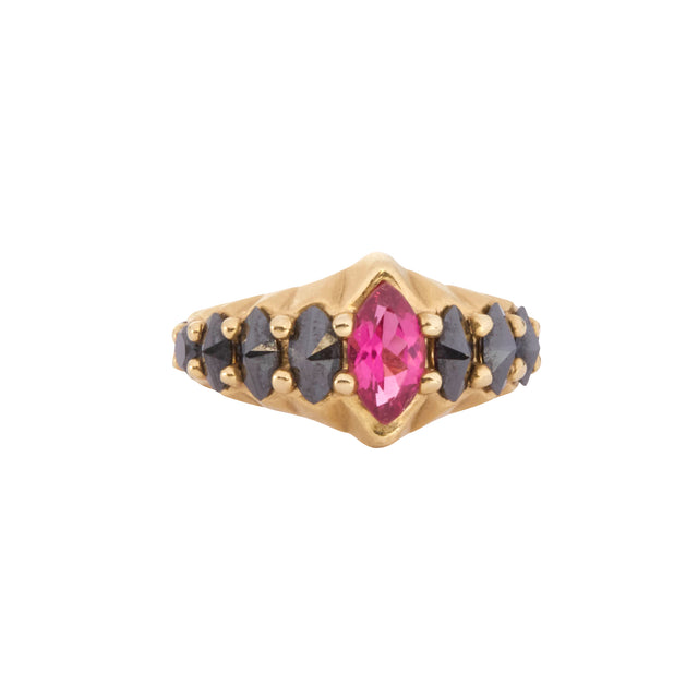 Rubellite and Black Diamond Marquise Ring