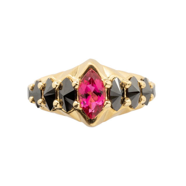 Rubellite and Black Diamond Marquise Ring