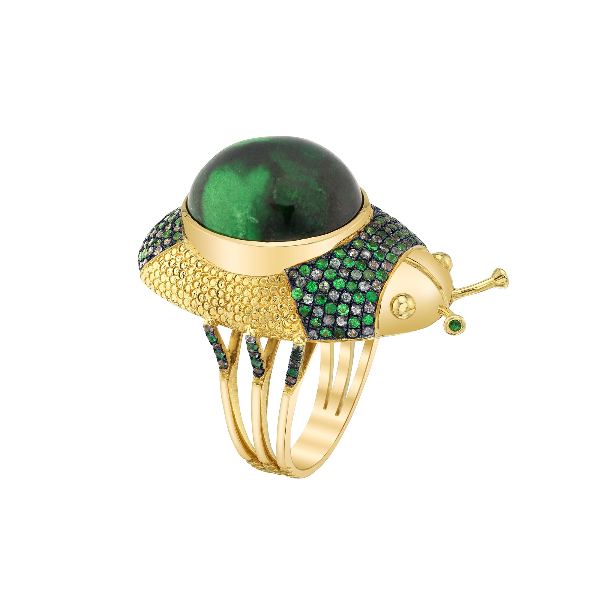 Blue Sapphire and Tsavorite and Color Changing Sapphire Garnet Cabochon Beiwen Beetle Backyard Ring