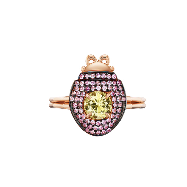 Chrysoberyl, Pink Sapphire and Dust Pink Sapphire Ladybug Ring