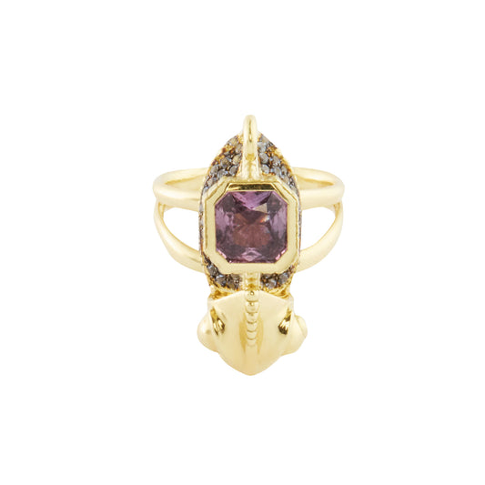 Burgundy Sapphire, Diamond, and Blue Sapphire Baby Chameleon Curiosity Ring