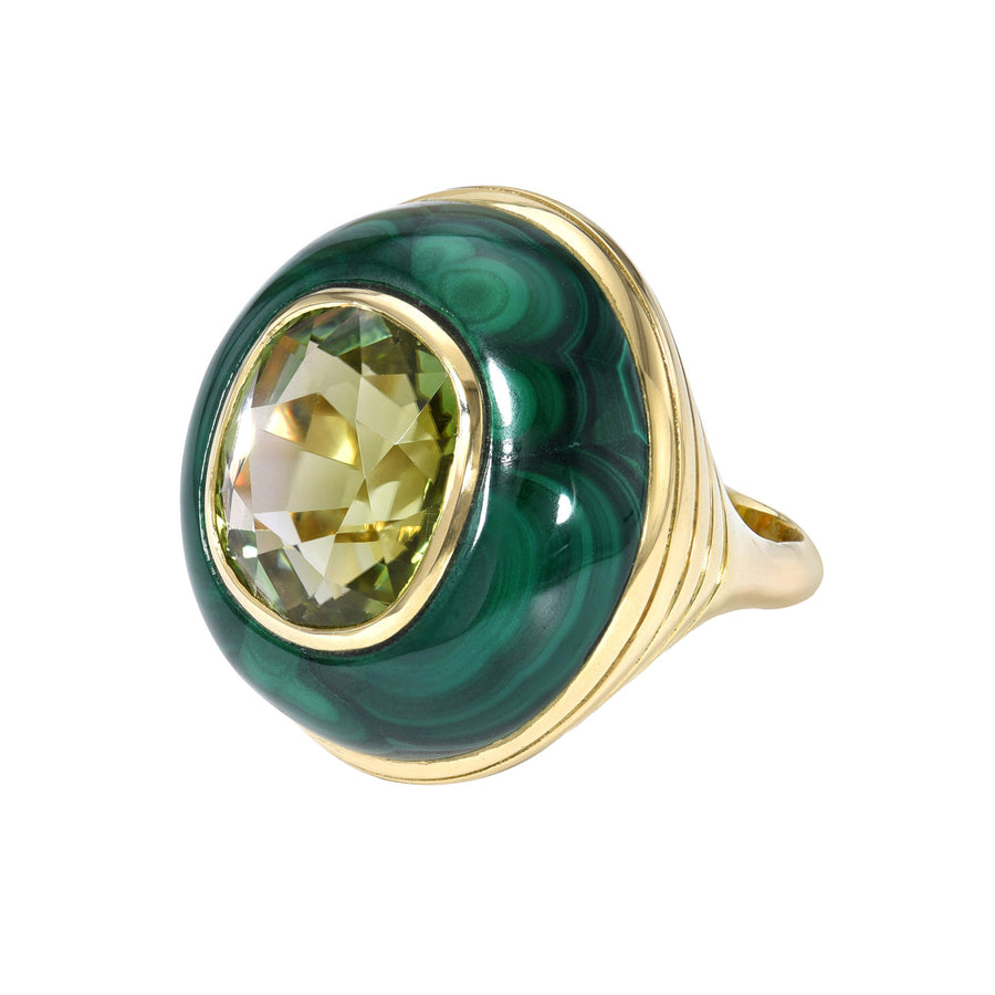 Retrouvai One-Of-A-Kind Tourmaline and Malachite Classic Lollipop Ring - Rings - Broken English Jewelry front angled view