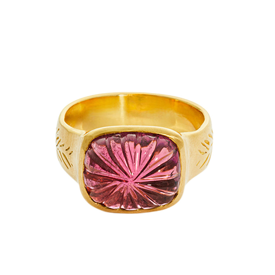 Christina Alexiou Carved Pink Tourmaline Olive Branch Ring - Rings - Broken English Jewelry front view
