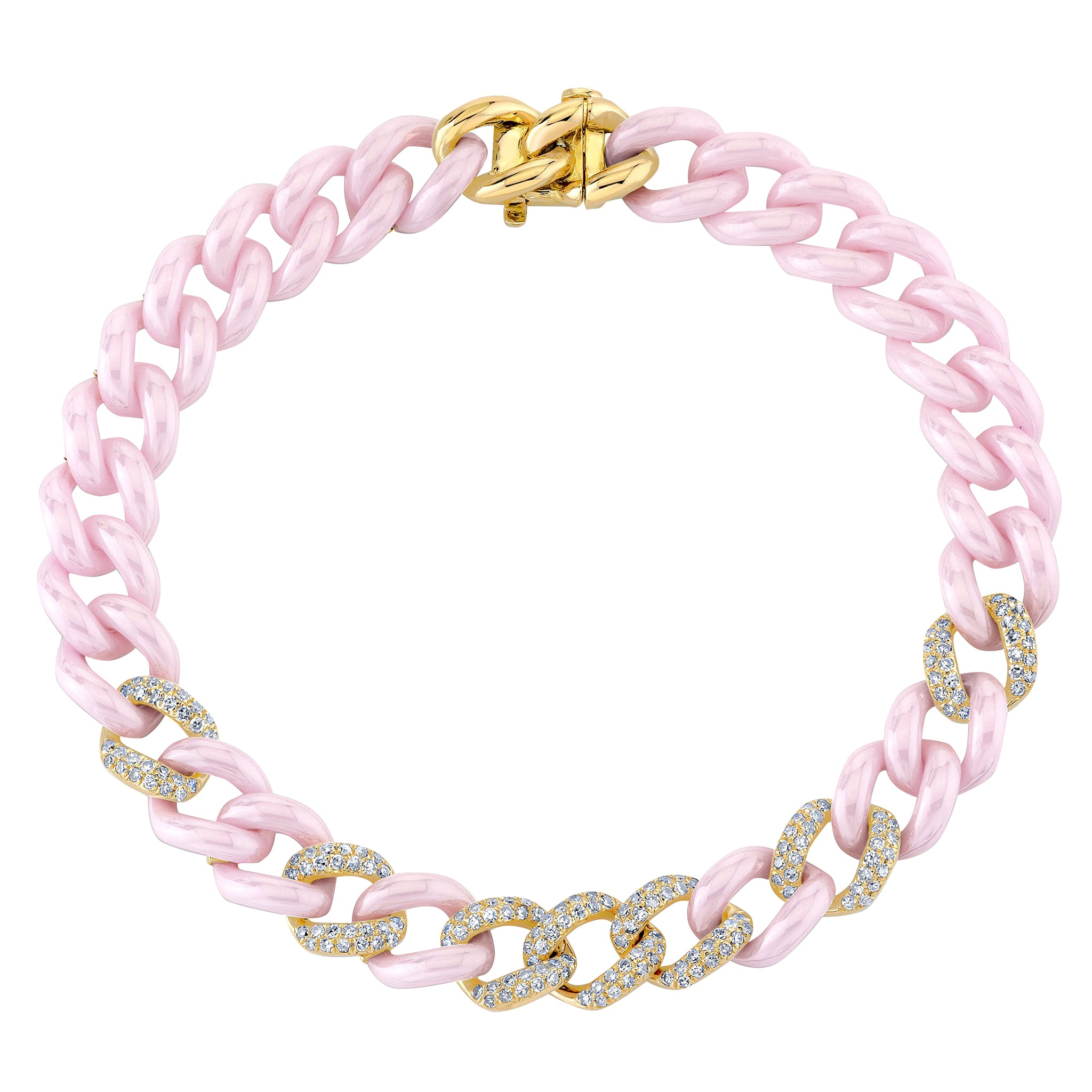 Pave Diamond and Pink Ceramic Medium Link Bracelet