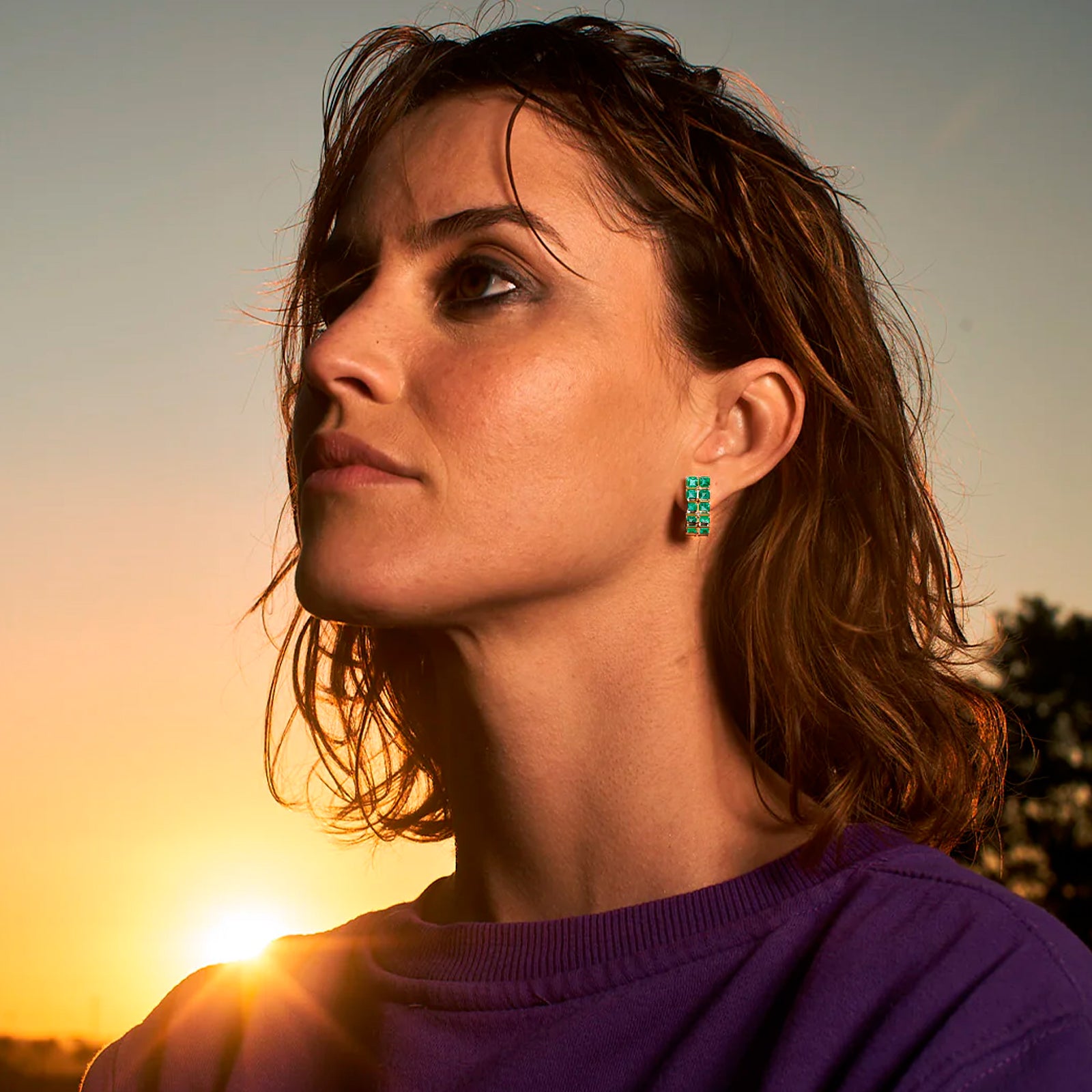 Prasi Santos Dumont Emerald Earrings, on model