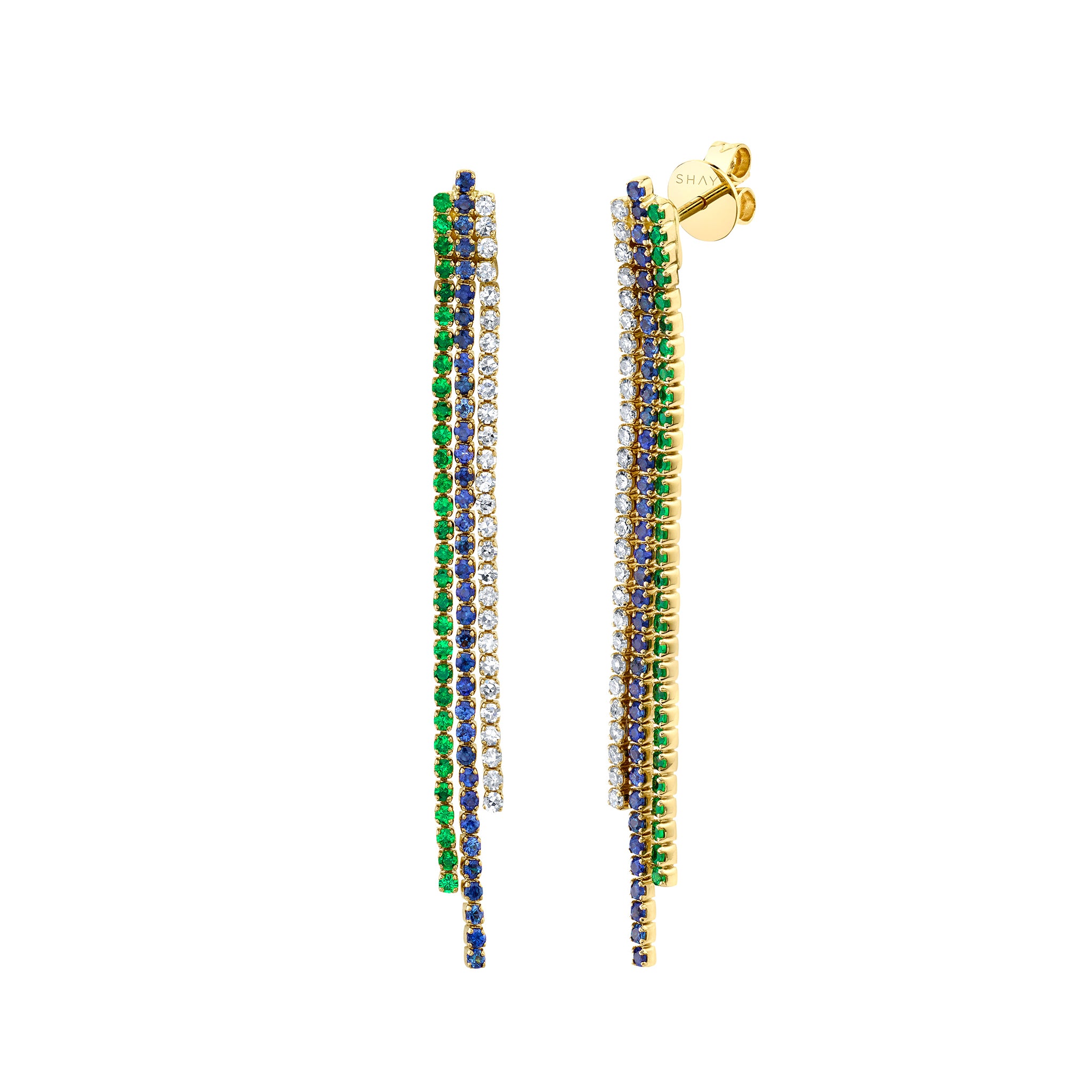 Diamond, Green Garnet, and Blue Sapphire Triple Thread Drop Earrings