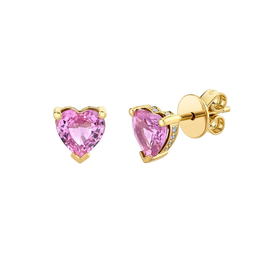 Pink Sapphire and Diamond Heart Stud Earrings - Main Img