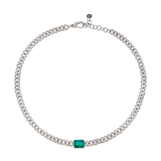 Mini Pave Diamond and Emerald Asscher Solitaire Necklace - Main Img