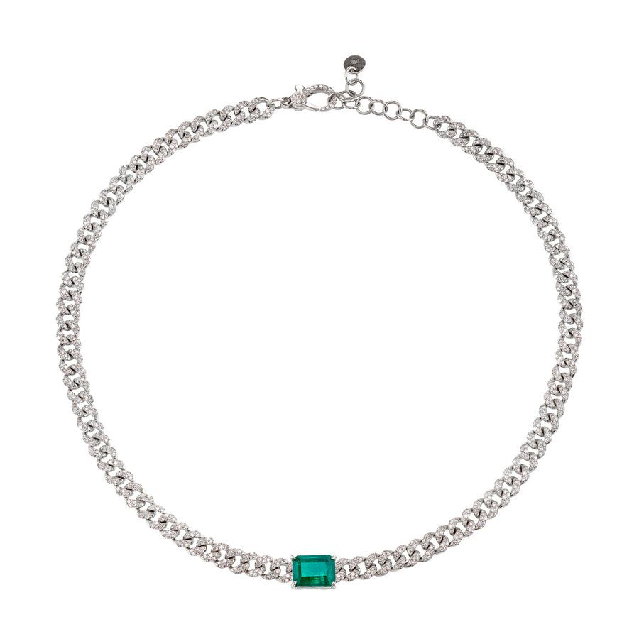 Mini Pave Diamond and Emerald Asscher Solitaire Necklace