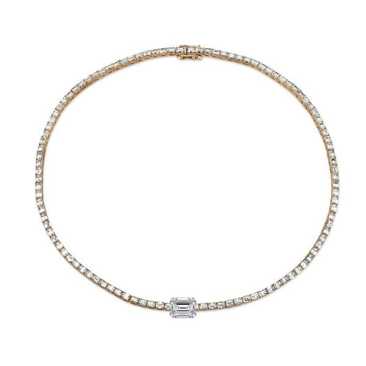 Baguette Diamond Tennis Necklace with Emerald Cut Diamond Center 18K - Rose Gold - Main Img
