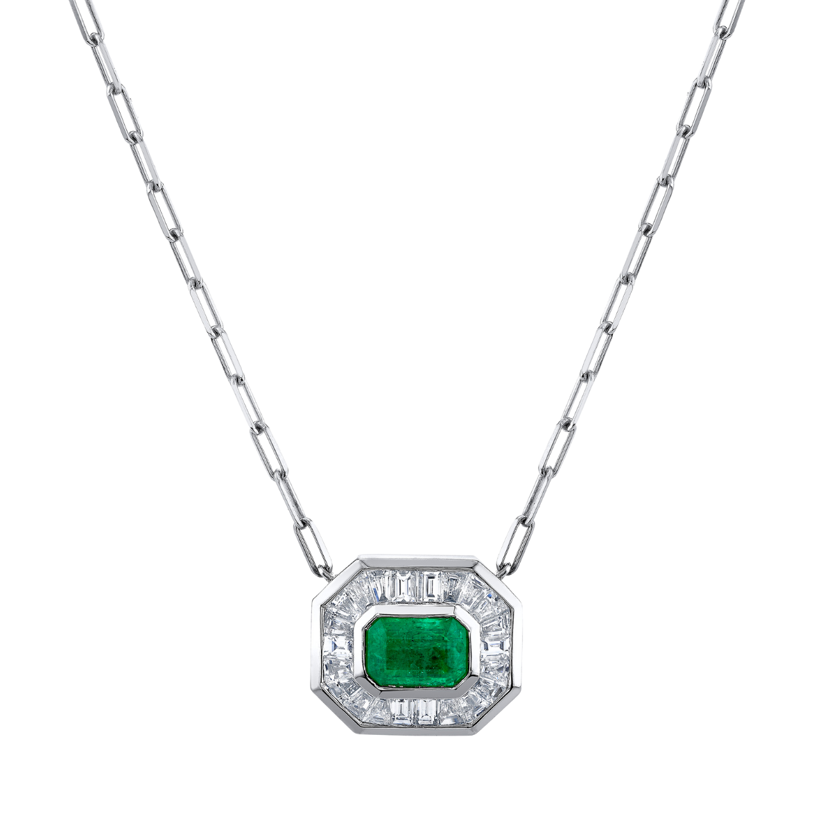 Emerald and Diamond Halo Mini Deco Pendant Necklace