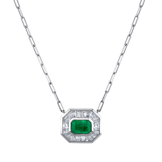 Emerald and Diamond Halo Mini Deco Pendant Necklace