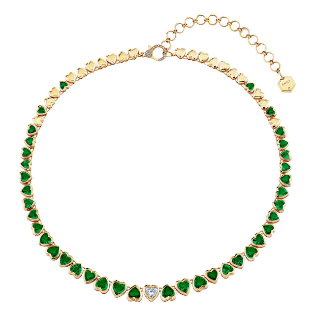 Emerald and Diamond Heart Tennis Necklace